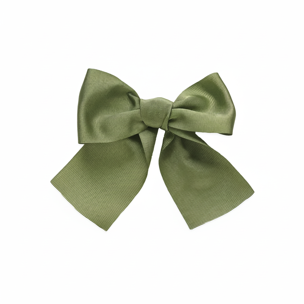 Olive green grosgrain ribbon bow, tied in a classic shape with two loops and two downward-pointing tails.