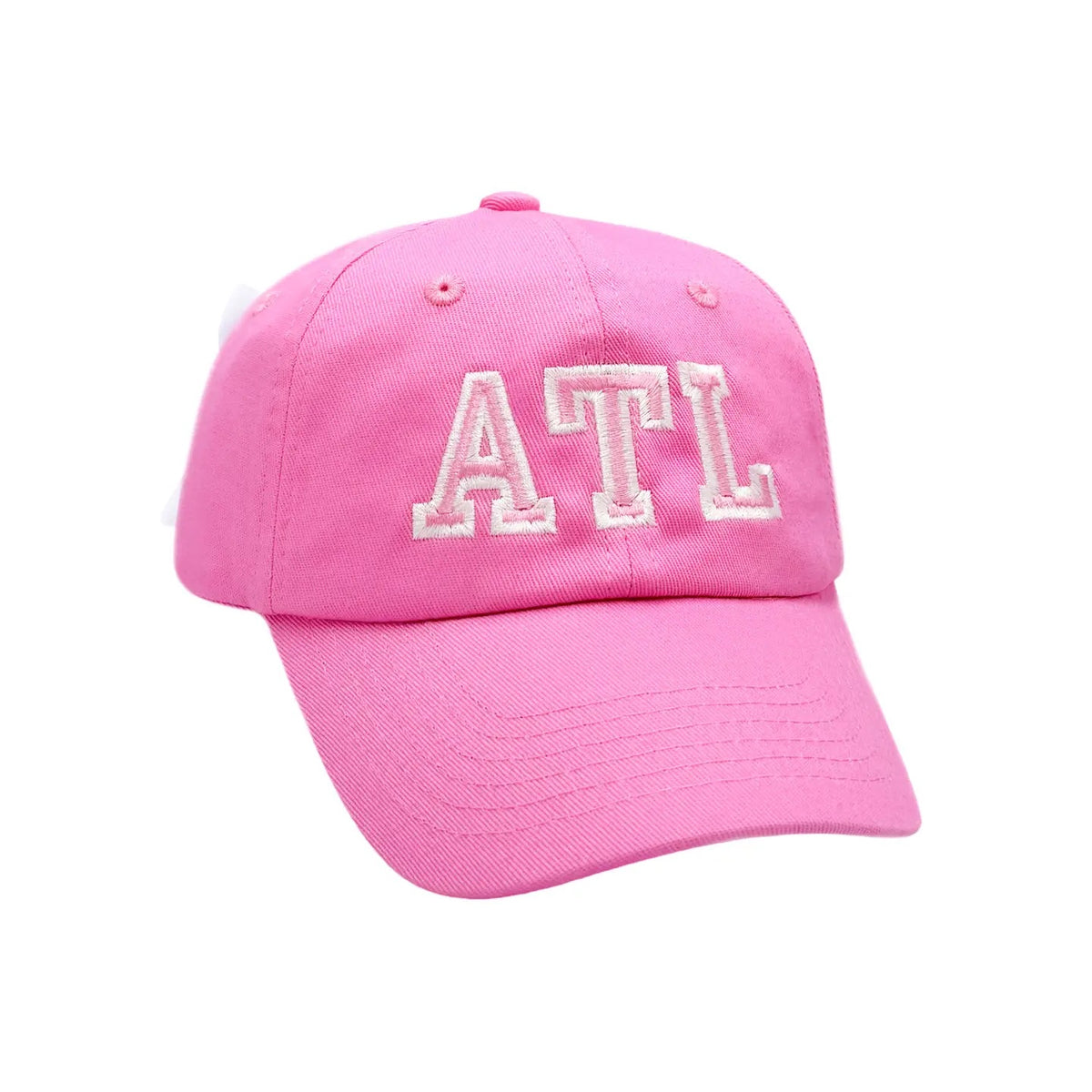 Bits & Bows magenta ATL bow baseball hat with white outlined ATL embroidery.