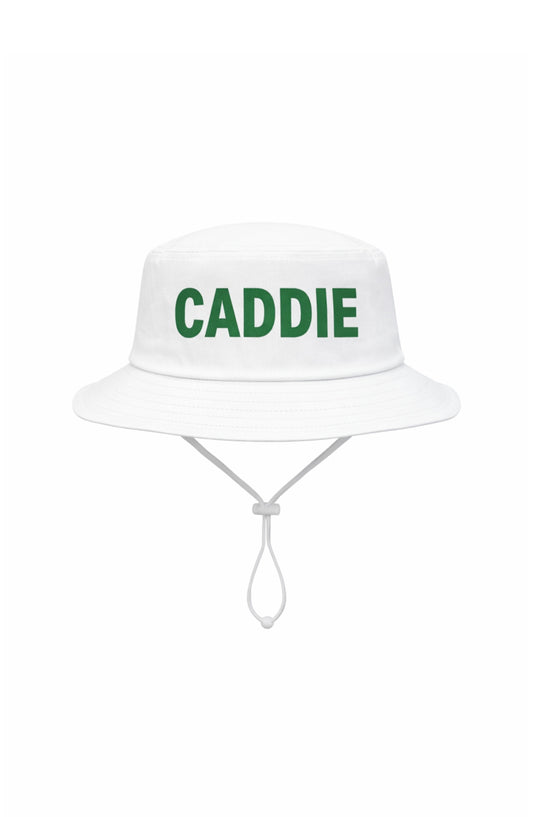 Bits & Bows white Caddie bucket hat with green lettering and detachable adjustable chin strap.