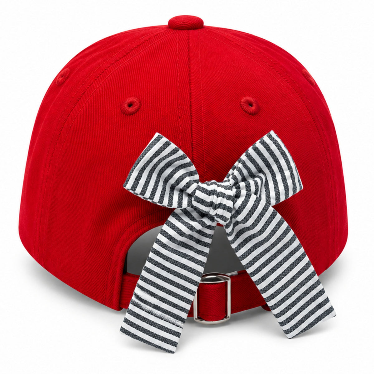 Back of red Bits & Bows Georgia Bulldogs baseball hat with black and white seersucker bow.