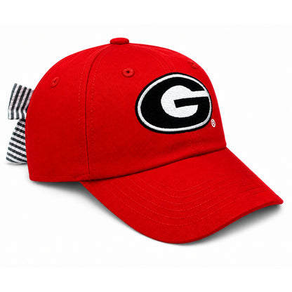 Bits & Bows red Georgia Bulldogs bow baseball hat with black and white G embroidery and striped bow.