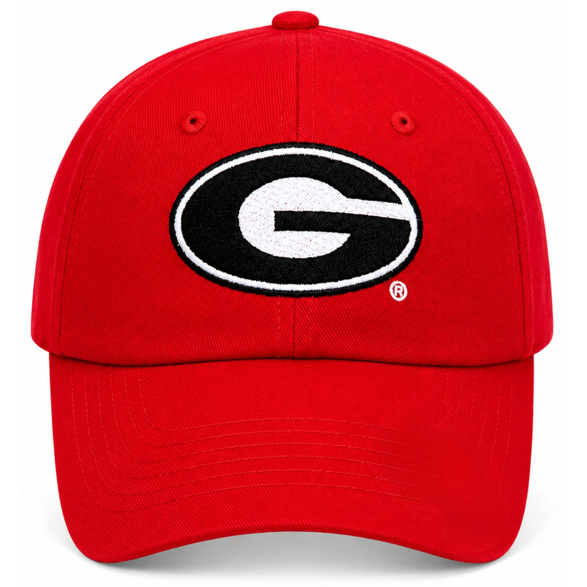Front of red Bits & Bows Georgia Bulldogs bow baseball hat with black and white G embroidery.