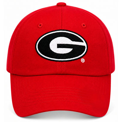 Front of red Bits & Bows Georgia Bulldogs bow baseball hat with black and white G embroidery.