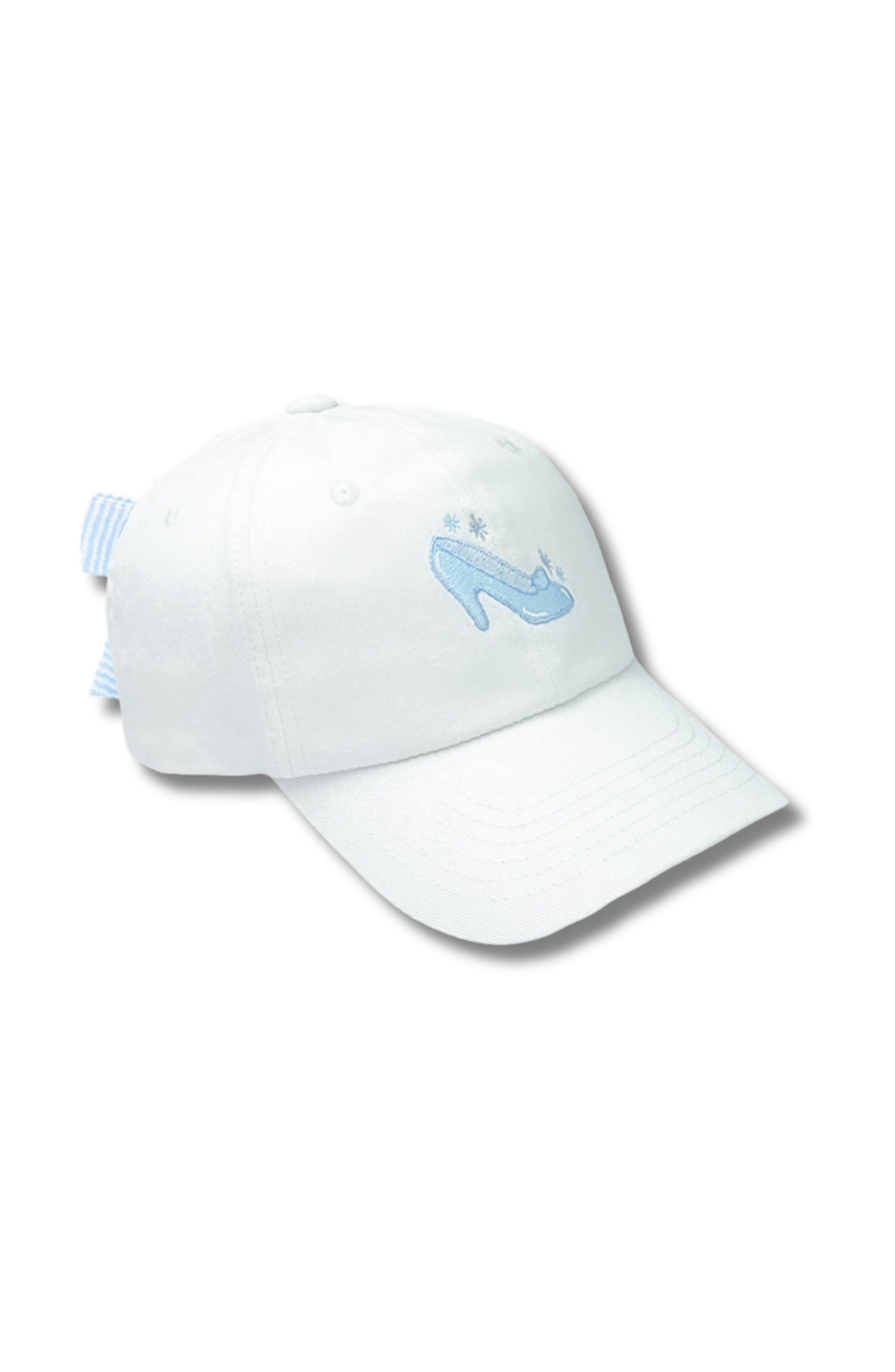 Bits & Bows white Glass Slipper bow baseball hat with pale blue slipper embroidery and blue and white striped bow.