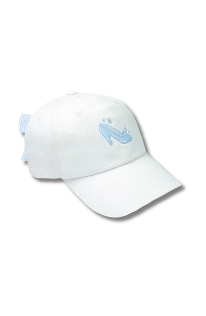 Bits & Bows white Glass Slipper bow baseball hat with pale blue slipper embroidery and blue and white striped bow.
