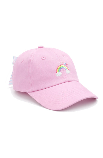 Bits & Bows pale pink Rainbow Sparkle bow baseball hat with rainbow and cloud embroidery and pastel striped bow.