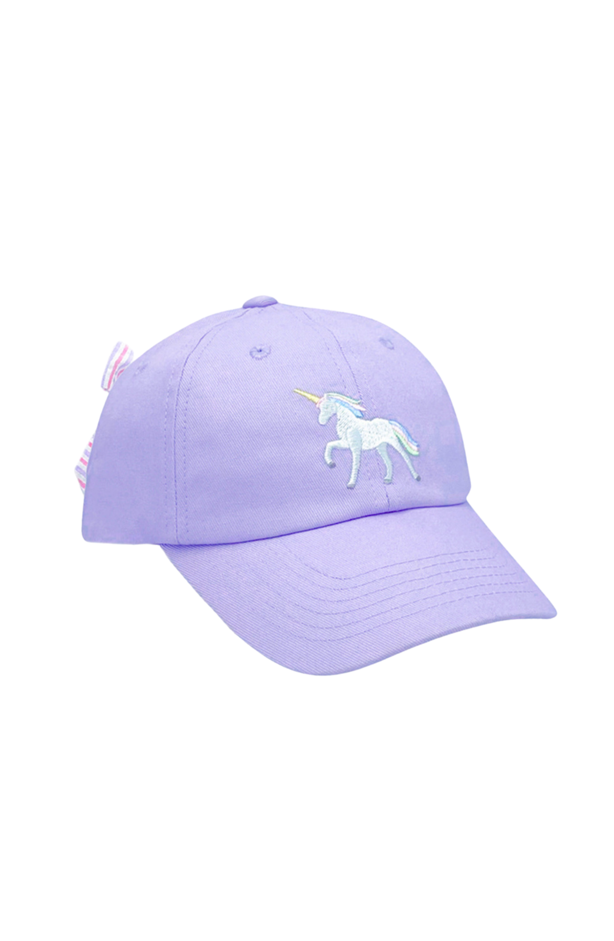 Bits & Bows lavender Rainbow Unicorn bow baseball hat with unicorn embroidery and pastel striped bow.
