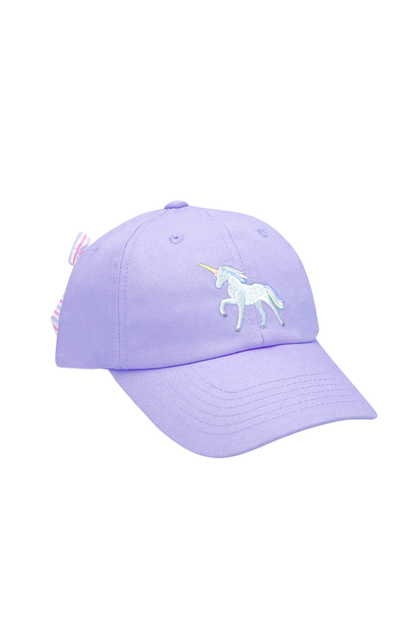 Bits & Bows lavender Rainbow Unicorn bow baseball hat with unicorn embroidery and pastel striped bow.