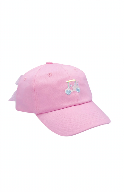 Pink baseball hat with a pastel embroidered golf cart on the front and a pink and white gingham bow on the back.