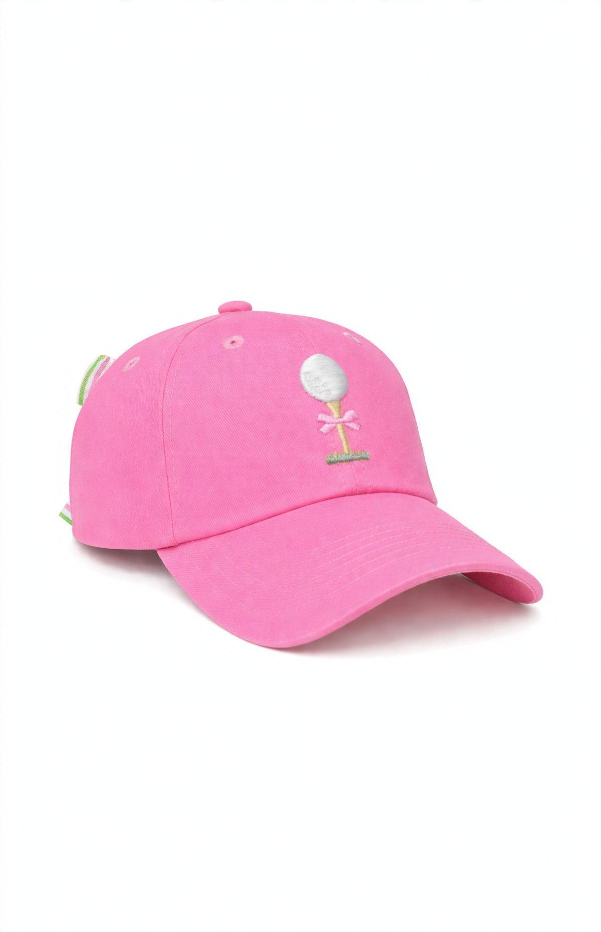 Pink baseball hat with a white golf ball and pink bow embroidered on the front, and green and white striped ribbon on the back.