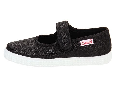 Black sparkly Mary Jane style shoe with a single hook-and-loop strap and a white rubber sole, featuring a Cienta label.