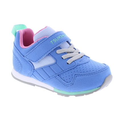 Blue children's Tsukihoshi Racer sneaker with pink lining, light green accents, gray laces, perforated toe, and a Velcro strap.