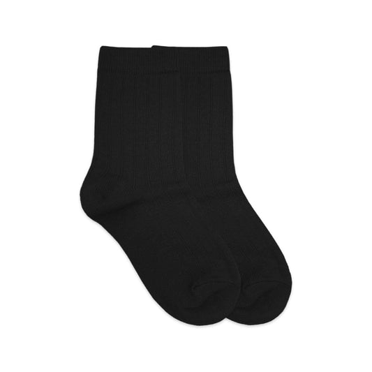 Pair of black boy's cotton ribbed crew socks with a smooth toe and heel, shown on a white background.