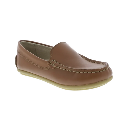 Children's tan leather loafer with moccasin stitching, a penny strap detail, and a light beige sole.