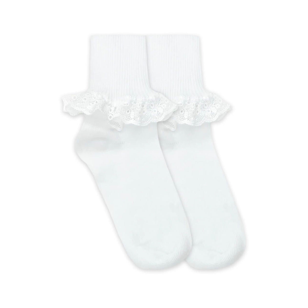 Pair of white ankle socks featuring a delicate Chantilly lace ruffled cuff.