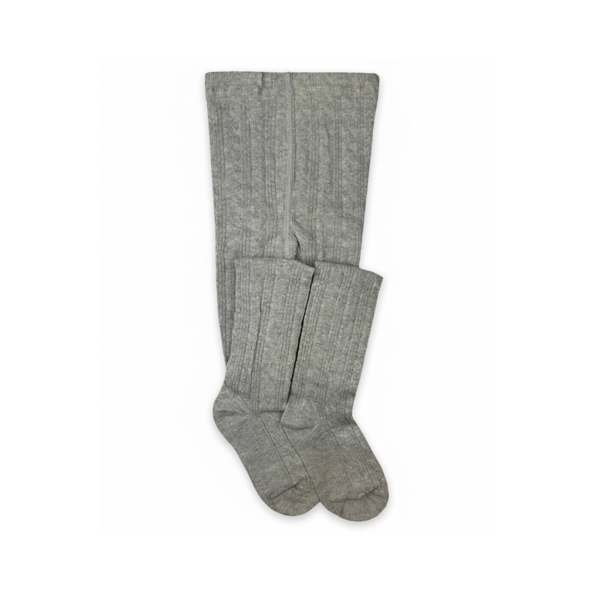 Pair of classic cable knit tights in a solid light gray color, featuring ribbed texture and a comfortable fit.