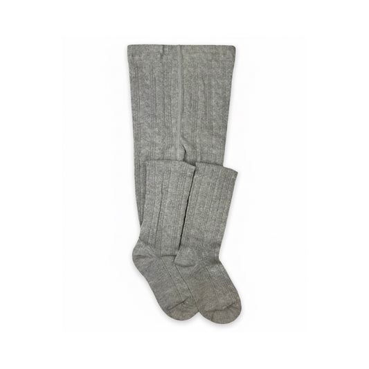 Pair of classic cable knit tights in a solid light gray color, featuring ribbed texture and a comfortable fit.