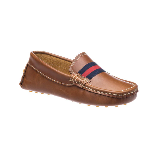 Children's brown leather driver loafer with red and navy stripe, white stitching, scalloped tongue, and rubber nub sole.
