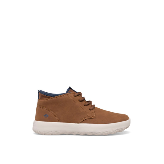 Sperry Coastal Chukka children's shoe with a brown upper, white chunky sole, blue padded collar, and blue speckled laces.
