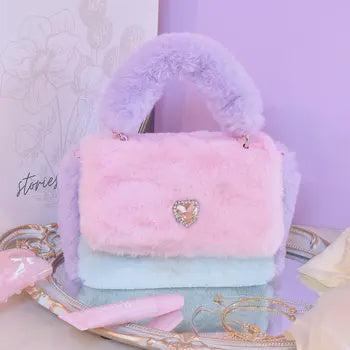 Color Blocked Plush Top Handle Crossbody Bag