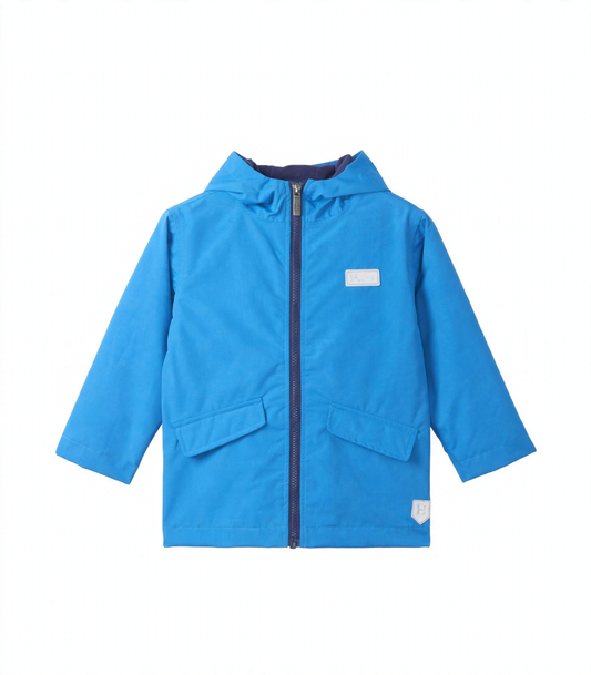 Blue children's raincoat with a white logo on a light gray background