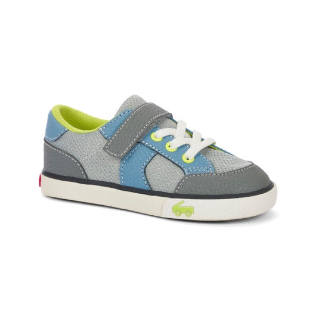 Children's grey and blue sneaker with lime green accents, a velcro strap, white laces, and a green car logo on the sole.