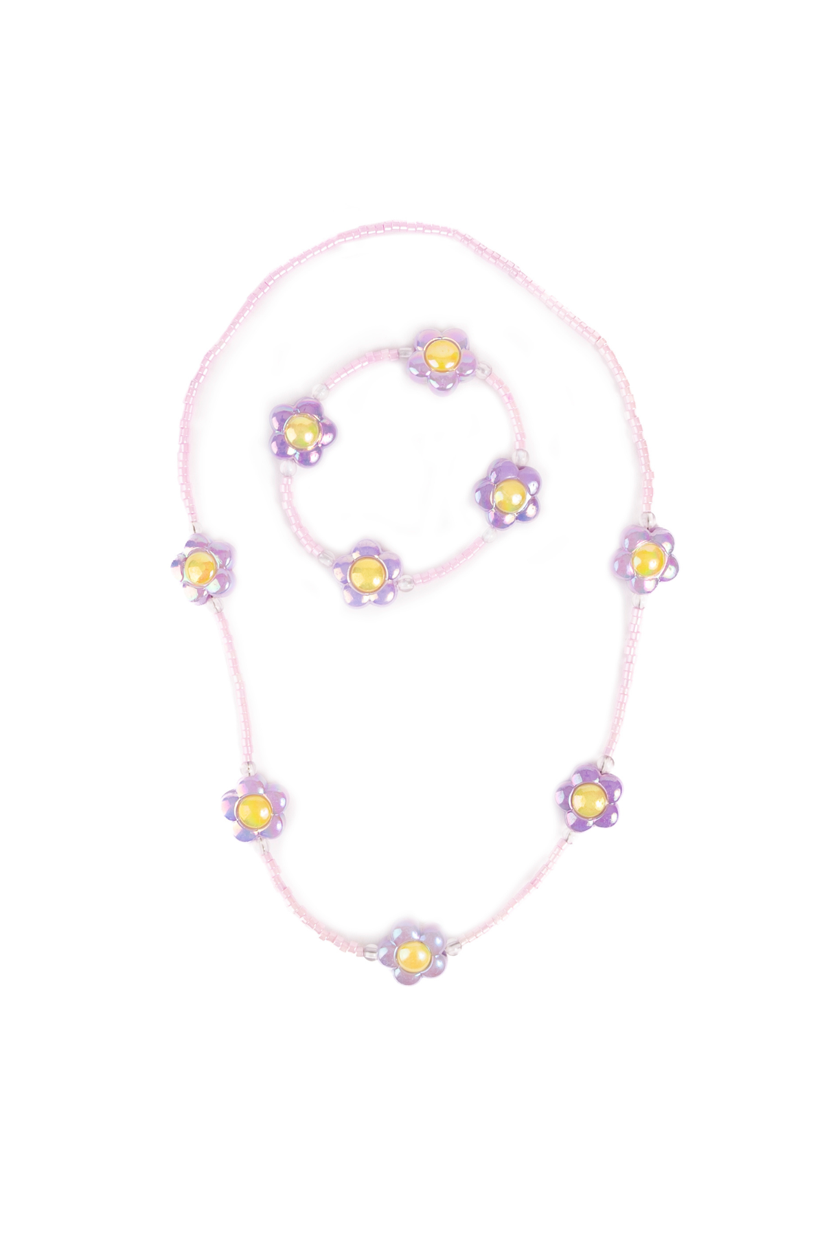 Great Pretenders Crazy for Daisies matching pink-bead necklace and bracelet set with purple flower accents