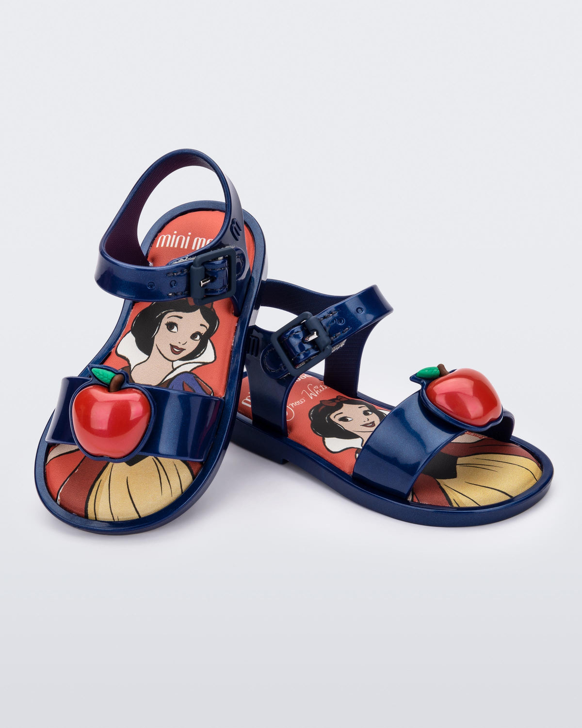 Mini Melissa Mar Disney Princess baby sandals in Metallic Blue/Red with Snow White artwork and apple detail