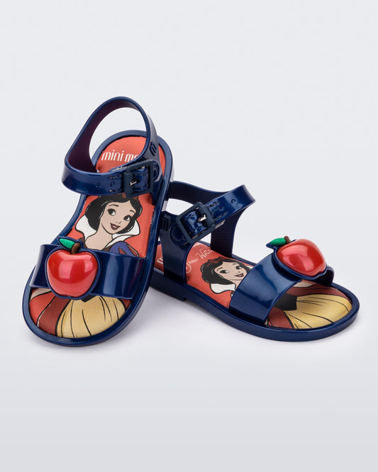 Mini Melissa Mar Disney Princess baby sandals in Metallic Blue/Red with Snow White artwork and apple detail
