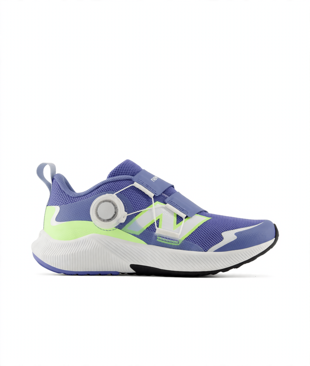 New Balance DynaSoft Reveal v4 BOA children's athletic shoe in purple with lime green accents, featuring a BOA dial and hook-and-loop straps.