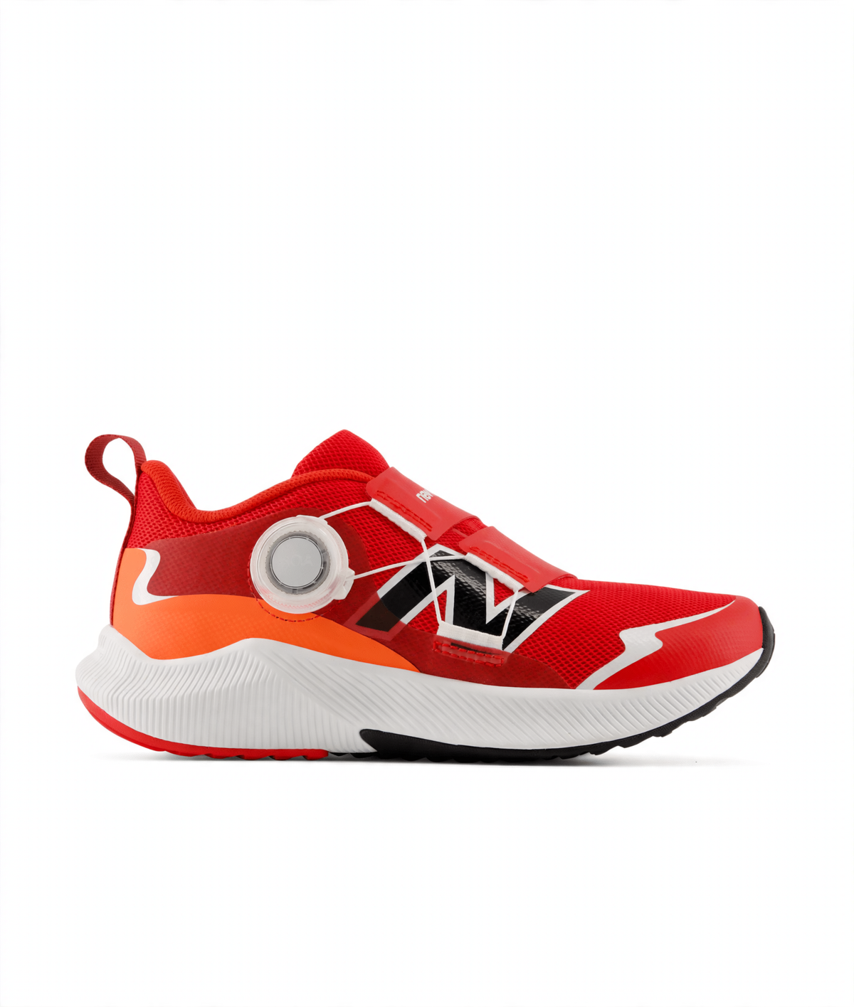 Red and orange New Balance children's athletic shoe with a white sole, black accents, and a side-mounted BOA fit system.