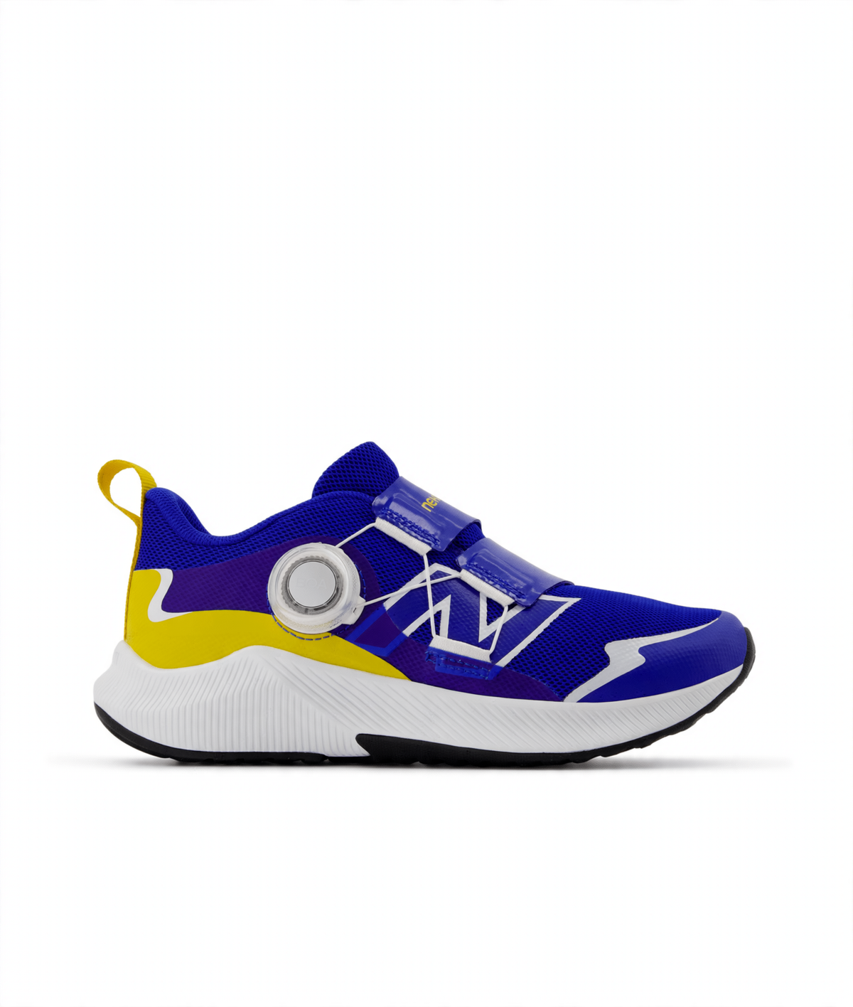 Children's royal blue and yellow athletic shoe with a white sole, black outsole, BOA dial, and hook-and-loop straps.