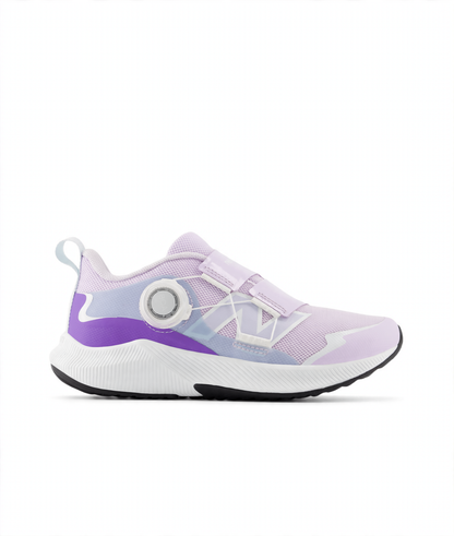 New Balance DynaSoft Reveal v4 BOA kids' sneaker in lavender and purple with a white sole, featuring a BOA dial and hook-and-loop straps.