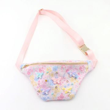 Children's floral fanny pack with a pink strap, gold zipper, and colorful 3D butterfly and pearl embellishments.