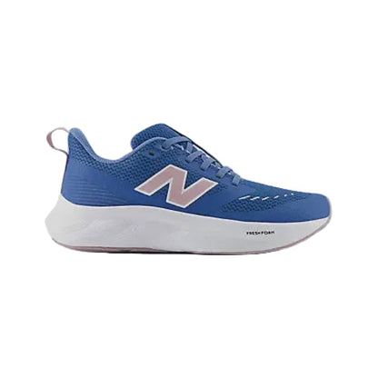 New Balance Fresh Foam 625 big kids' running shoe in blue with a white midsole, pink 'N' logo, and heel pull tab.