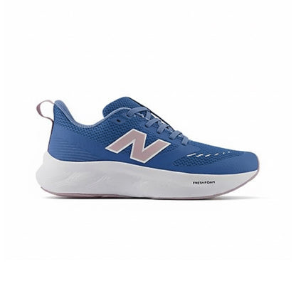 New Balance Fresh Foam 625 little kids' blue athletic shoe with white midsole, pink N logo, and bungee laces.