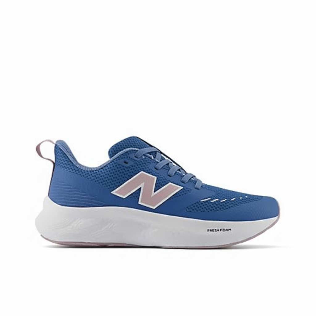 New Balance Fresh Foam 625 little kids' blue athletic shoe with white midsole, pink N logo, and bungee laces.