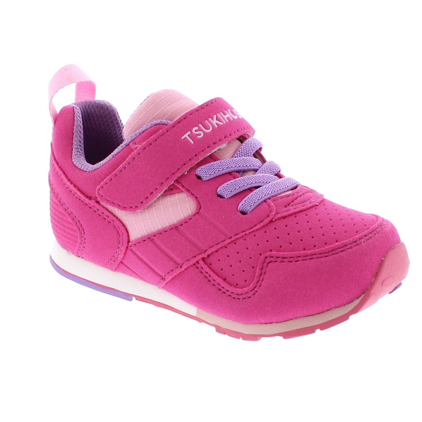 Hot pink children's sneaker with light pink accents, purple laces, a Velcro strap featuring 'TSUKIHOSHI' branding, and a heel pull tab.
