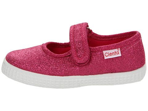 Sparkly fuchsia children's T-strap shoe with a white sole and a Cienta brand label on the side.