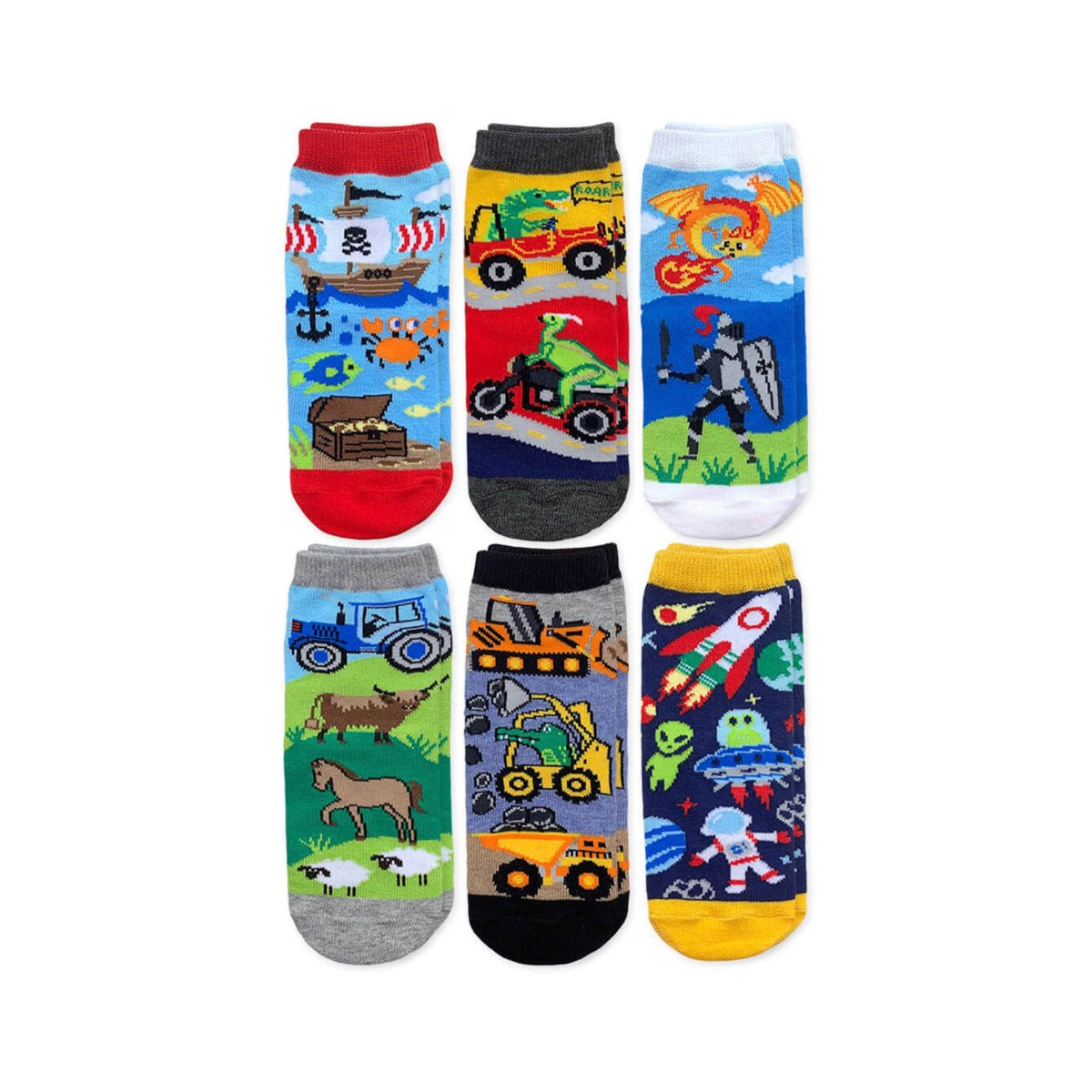 Six pairs of colorful children's crew socks with space, pirate, dinosaur, knight, farm, and construction patterns.