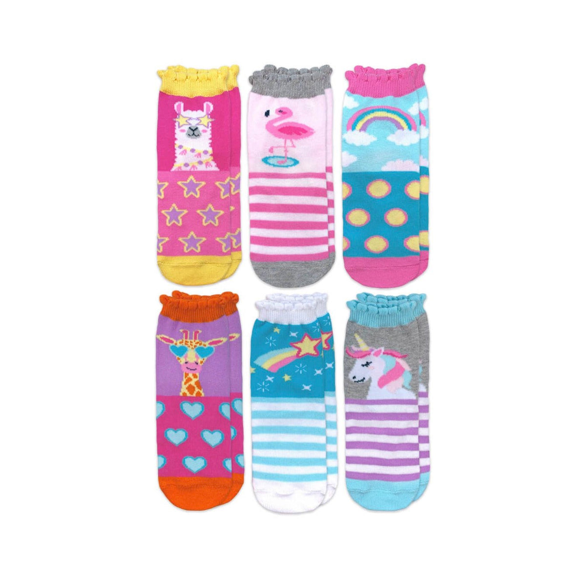 Six pairs of colorful children's crew socks featuring llama, flamingo, rainbow, giraffe, stars, and unicorn patterns.
