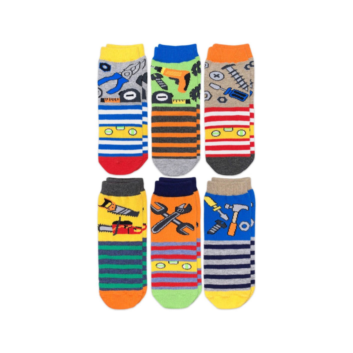 Six pairs of colorful children's crew socks featuring various tool patterns like pliers, drills, saws, wrenches, and hammers.