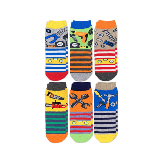 Six pairs of colorful children's crew socks featuring various tool patterns like pliers, drills, saws, wrenches, and hammers.