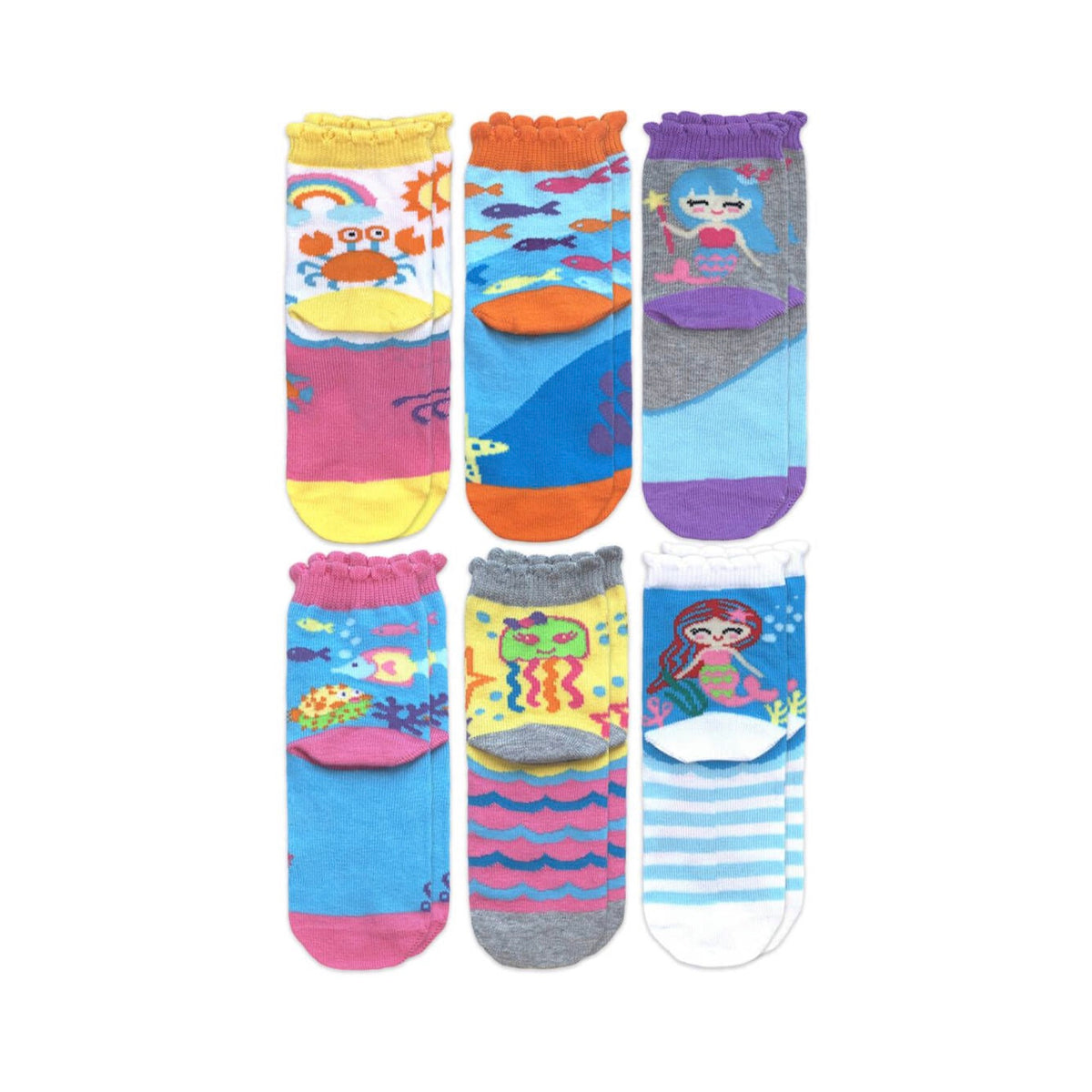 Six pairs of colorful children's crew socks featuring various sea-themed designs including mermaids, crabs, fish, and jellyfish.