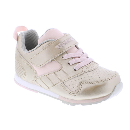 Children's gold and pink Tsukihoshi Racer sneaker with a Velcro strap, pink laces, perforated toe, and heel pull tab.