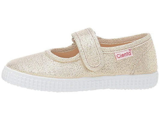 Sparkly gold children's Mary Jane shoe with a hook-and-loop strap and white ridged sole, featuring a Cienta label.