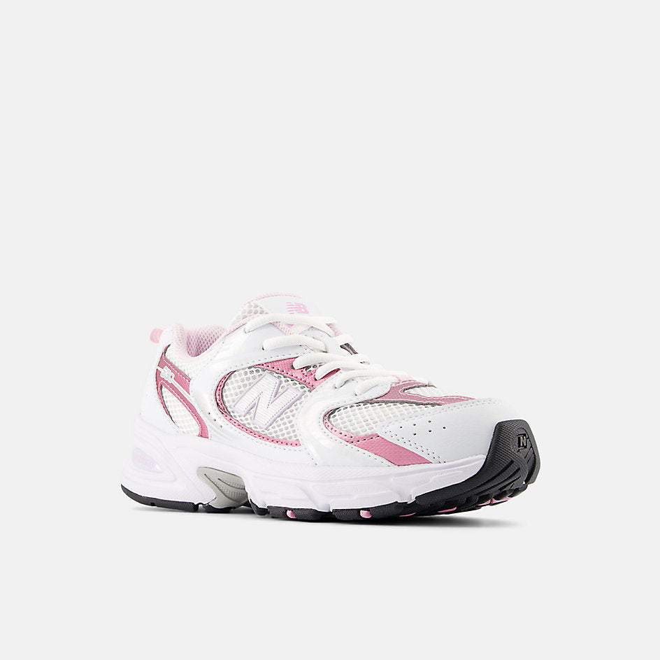 New Balance 530 Big Kids, White Pink, GR530RK, front three-quarter