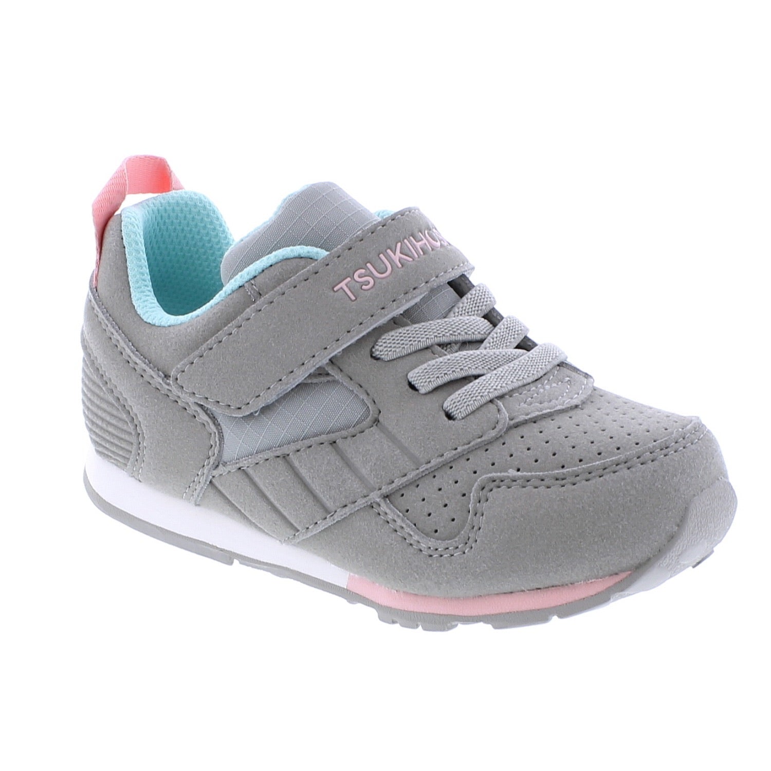 Gray children's sneaker with light blue lining, pink accents, a Velcro strap, and laces, featuring a perforated toe and white midsole.