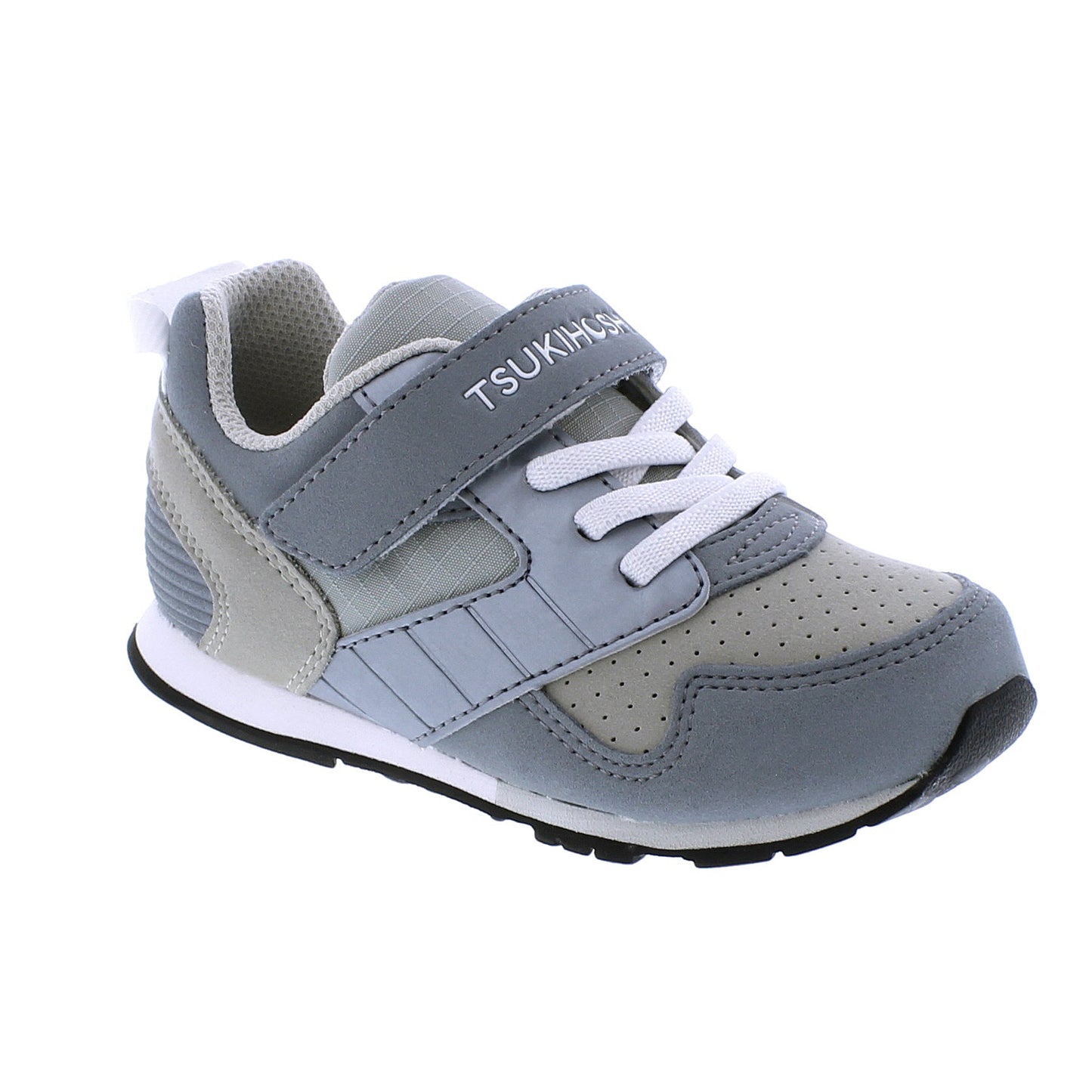 Children's grey and light grey sneaker with white laces, a Velcro strap featuring 'TSUKIHOSHI' text, and a perforated toe box.