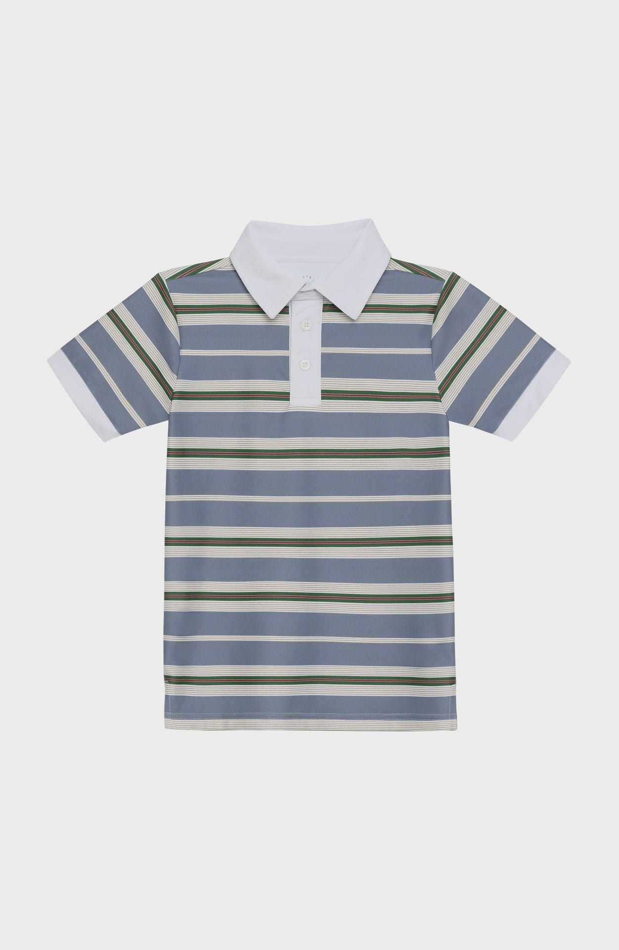 Kids' striped polo shirt with a white collar and two-button placket, featuring horizontal stripes in blue, white, green, and reddish-brown.
